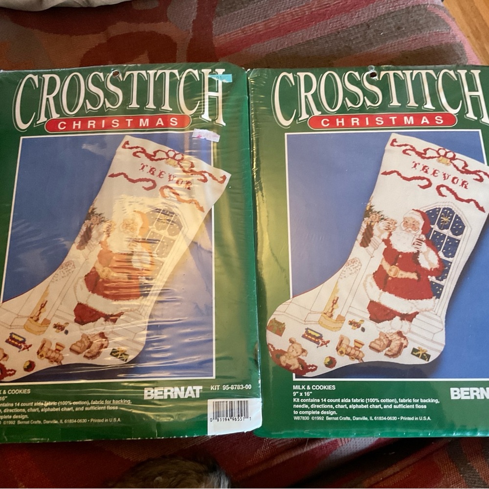 Bernat Cross Stitch Christmas Stocking Kit - milk & cookies for Santa - SET OF 2